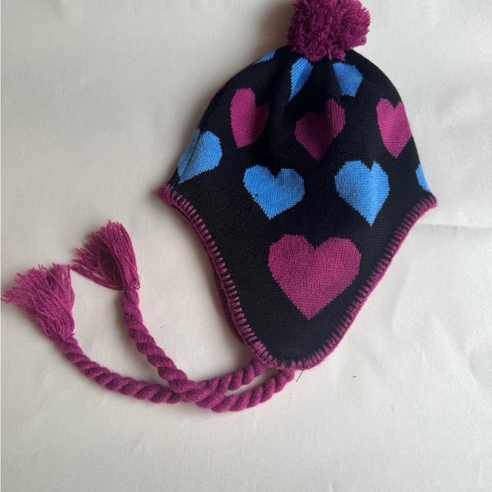 Kids Heart Patterned Winter Hat - Black, Blue, and Pink